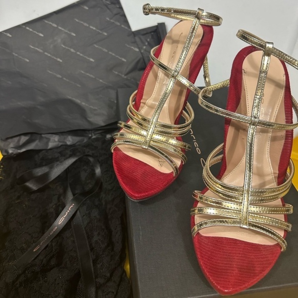 ENRICO CUINI Sydney Golden‎ Gold & Red Sandals SZ 38.5 or US Size 8